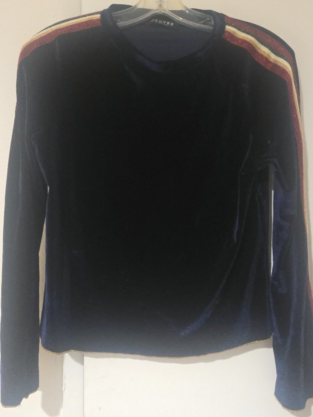 OEUVRE Navy Velvet Long Sleeve Top Metallic Rainbow Racing Stripe Y2K Sporty Gla